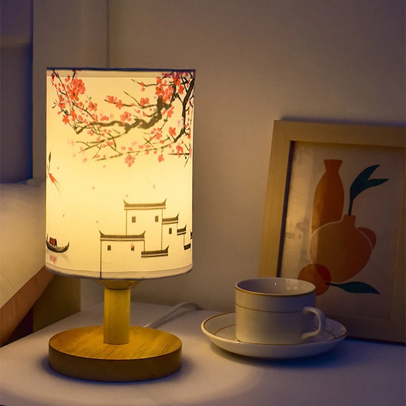Desk Setup Wallpaper - LED テーブルランプ装飾梅の花デスク調光可能な EU プラグナイトライト中国風の生地シンプルな寝室のベッドサイドライト