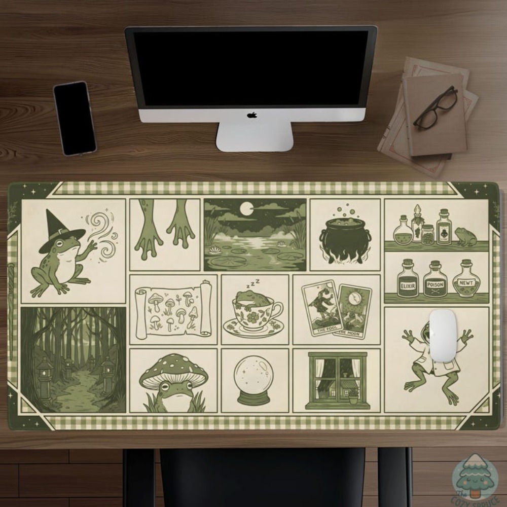 Desk Setup Aesthetic - Witchy Frog Apothecary デスクマット、セージグリーンの美的マウスパッド Alfombrillas Para