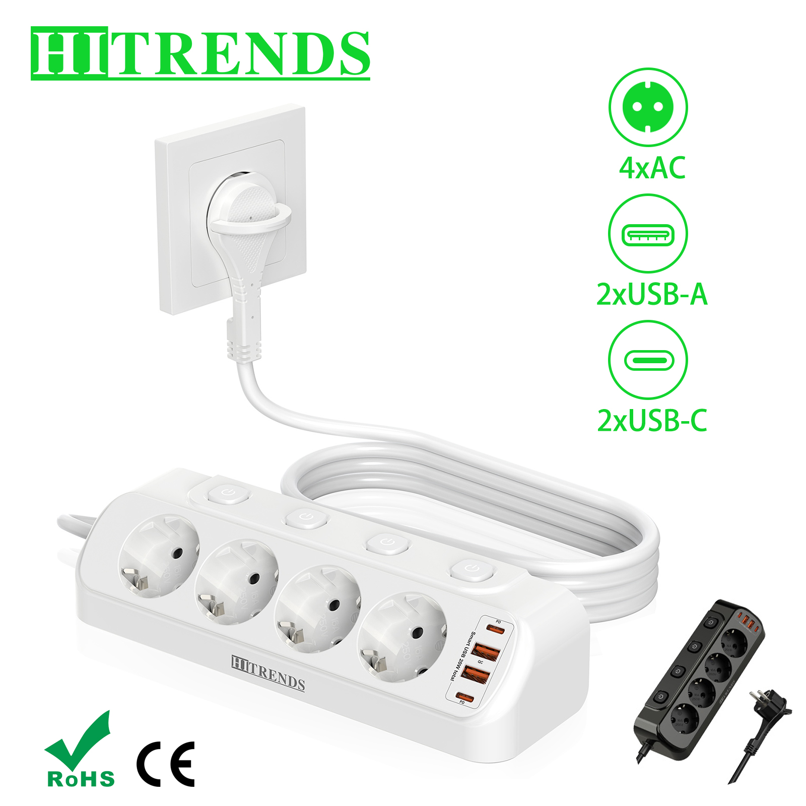 Power Strip Flat - ヨーロッパのデスクトップ電源タップ,2つのUSB A, 2つのタイプC,2mの延長コード,4acのコンセント,キッチン