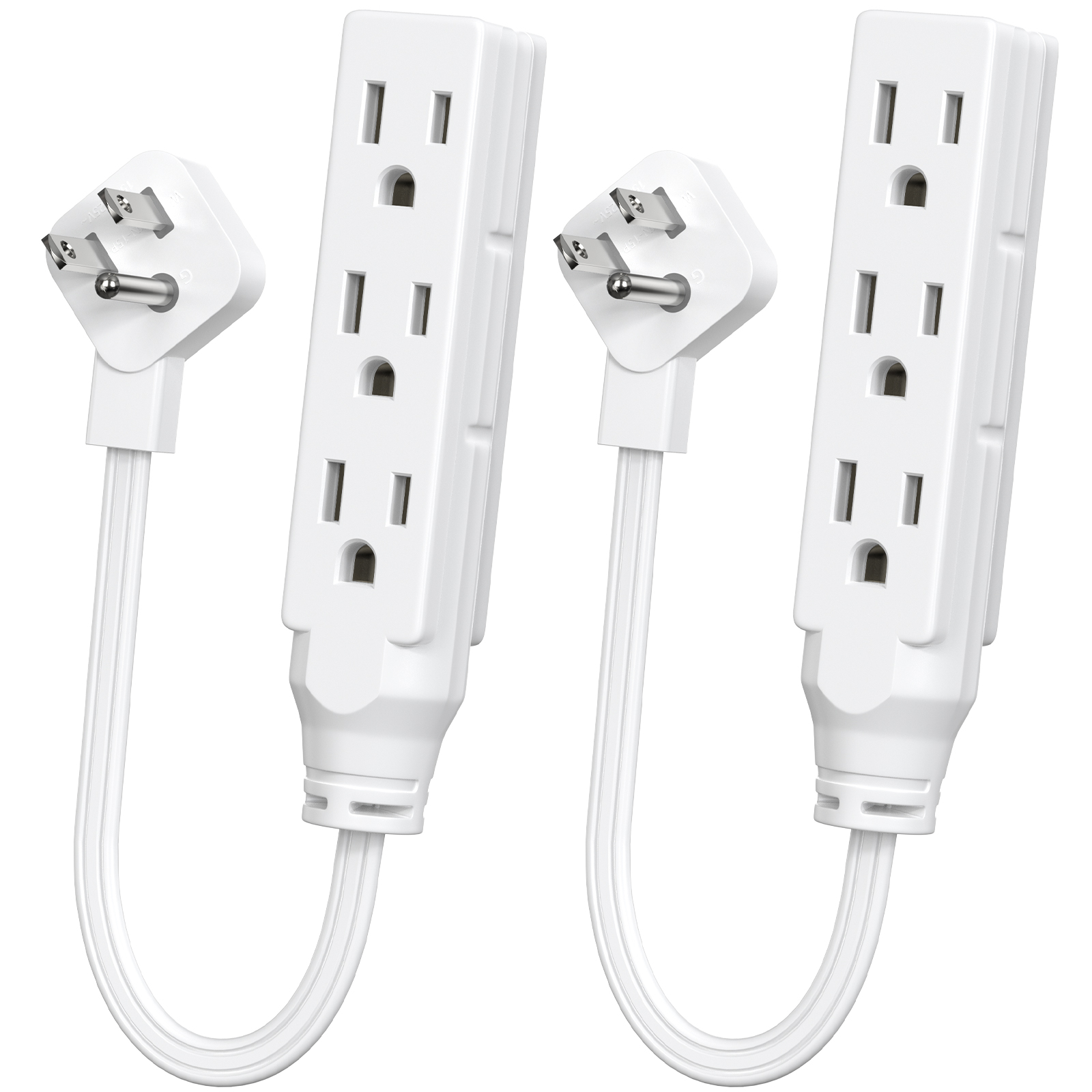 Power Strip Flat - 2個入りフラットプラグ3ソケット電源タップ、1875Wハイパワー電源延長コード、家庭、オフィス、旅行に最適