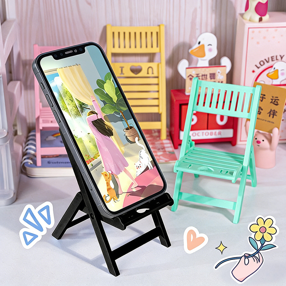 Desk Setup Gear - クリエイティブな折りたたみ式チェア型スマホスタンド、卓上ポータブルビデオスタンド、キュートなマカロンカラーのスマホホルダー、複数の色が選べるスタンド