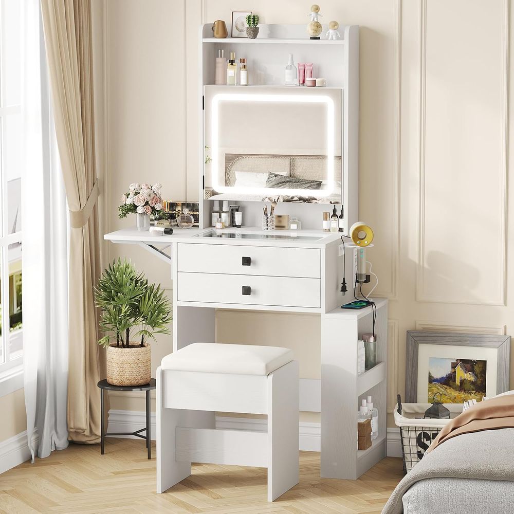 Desk Setup Small - Vabches製小型化粧台、アンティーク調パネル付き、ホワイトの化粧台セット | ガラストップのドリンギングテーブル、3つの調整可能な照明付きミラー付き