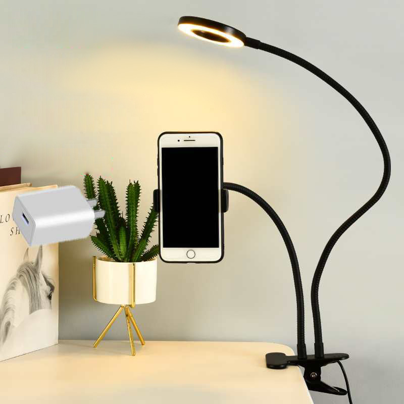 Desk Setup Modern - 自撮りリングライト付きユニバーサルフレキシブル携帯電話ホルダー、オフィス怠惰なブラケットデスクランプLEDライト、ライブストリームフィルライト用