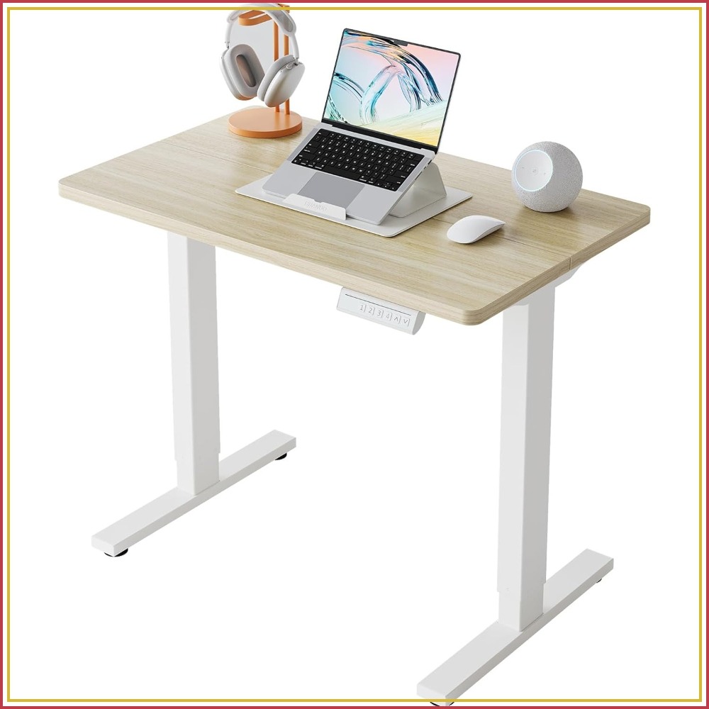 Desk Setup Small - 小型電動スタンディングデスク、高さ調節可能、4つのメモリ設定、ホームオフィス用シットスタンドアップデスク、ライトウォールナット、高さ範囲28.3～46.5インチ、耐荷重176ポンド