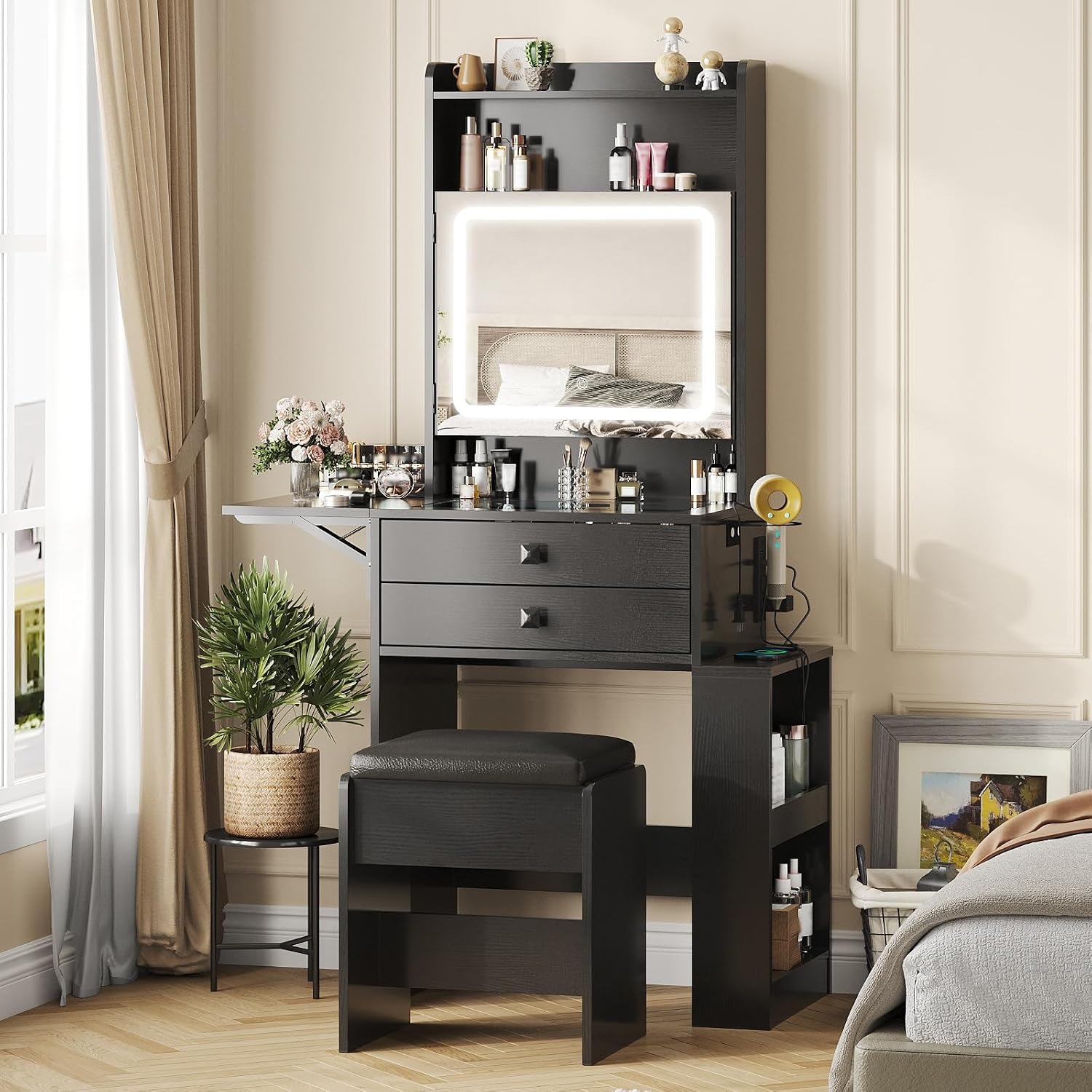 Desk Setup Small - 折りたたみパネル付き小型化粧台、黒の化粧台セット | ガラス天板ドレッシングテーブル、カスタマイズ可能