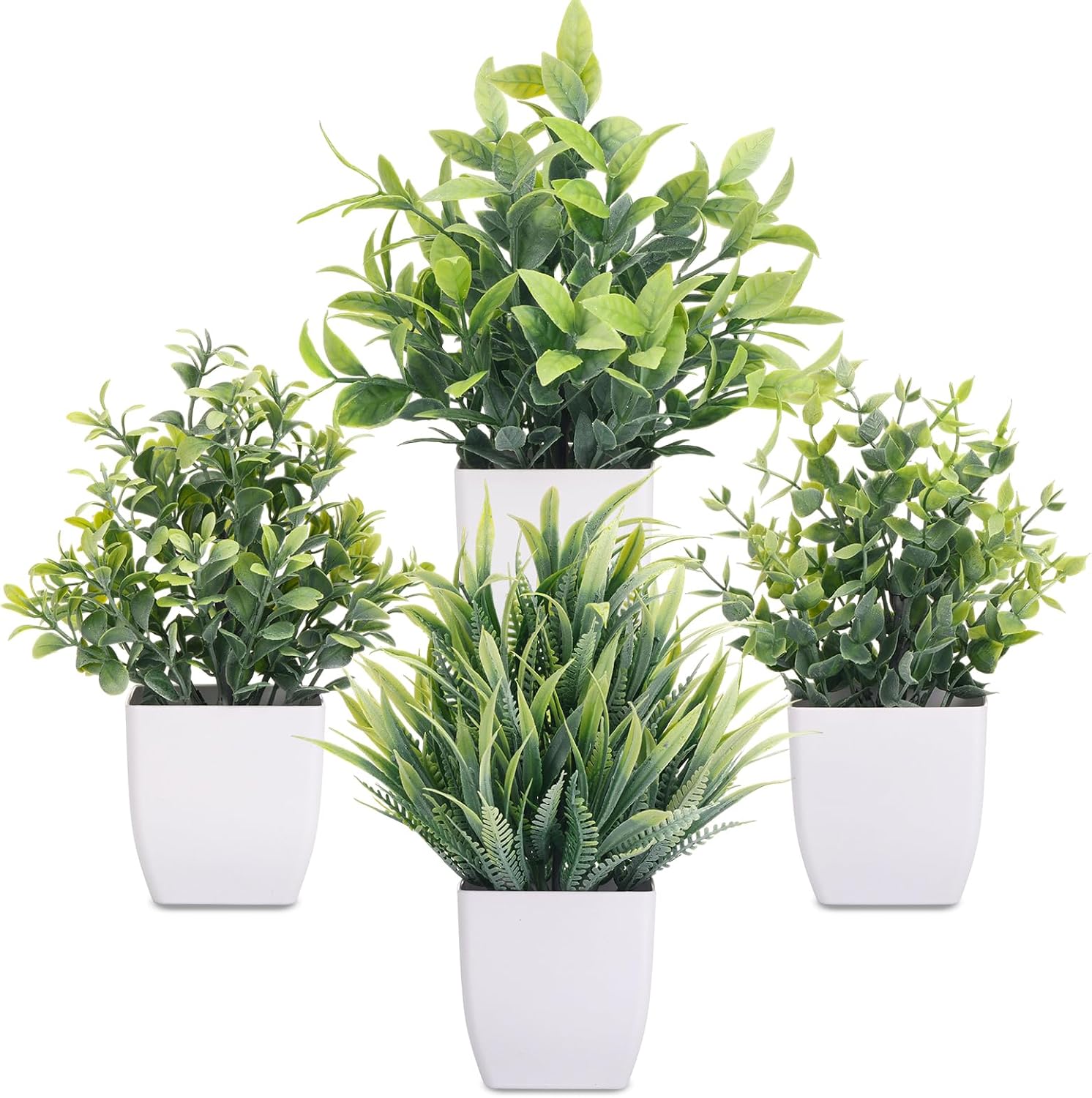 Plant Pot Small Desk - フェイクプラント4個セット 小型人工観葉植物 ミニホワイト鉢植え バスルームアクセサリー デスク・バスルーム・オフィス用装飾品