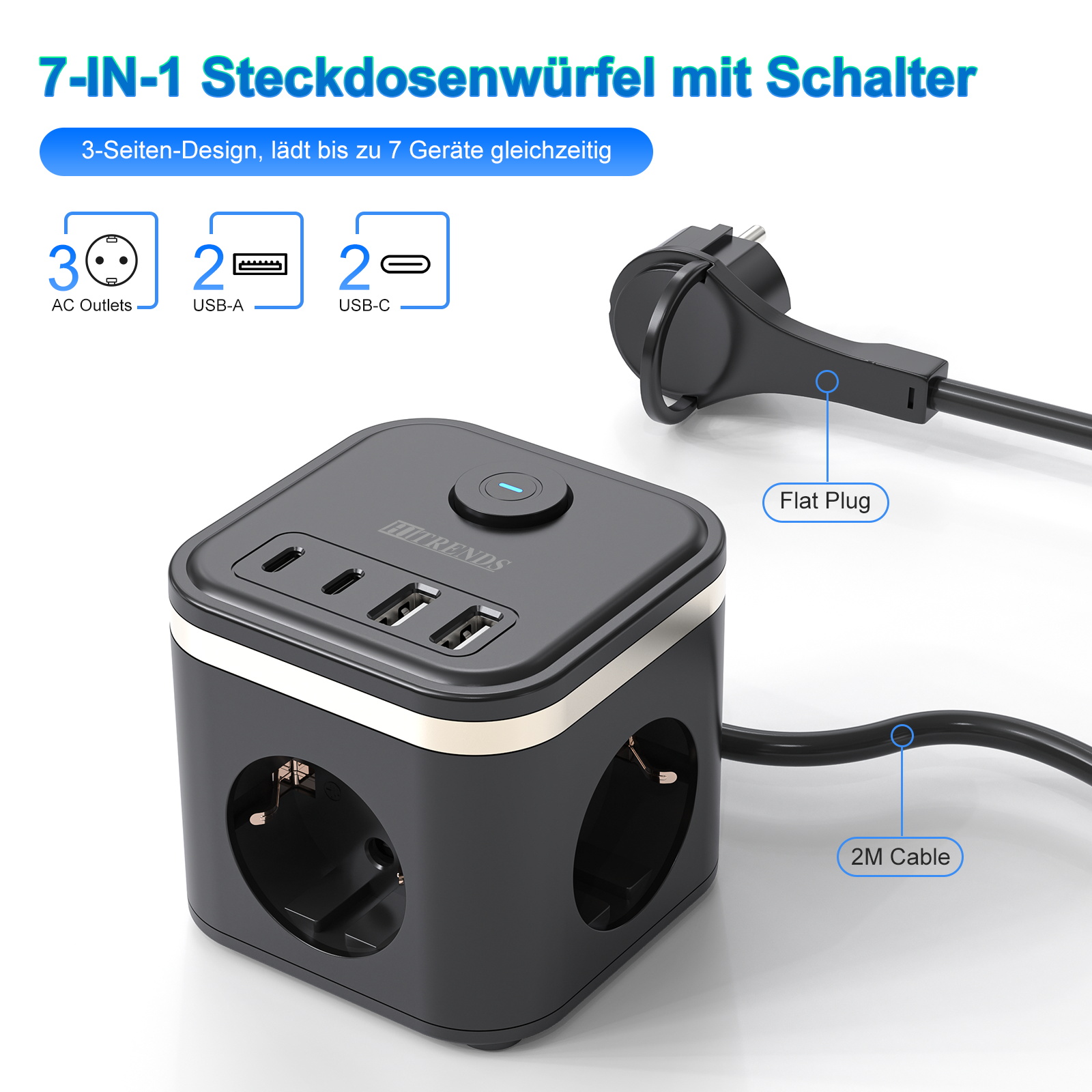 Power Strip Flat - 3680W EU フラットプラグ電源タップキューブ AC コンセント 3