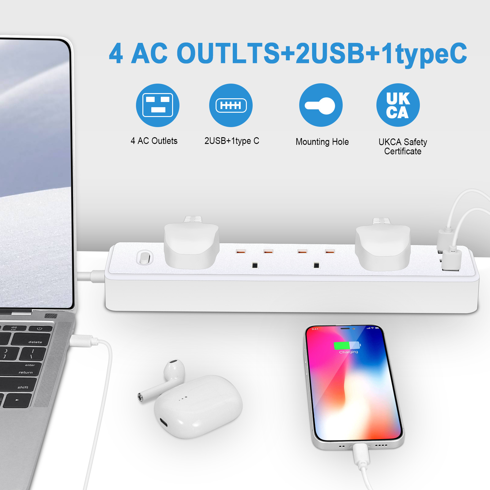 電源タップコンセント英国 MY SG 3USB TypeC  - Power Strip Flat のレビューと価格