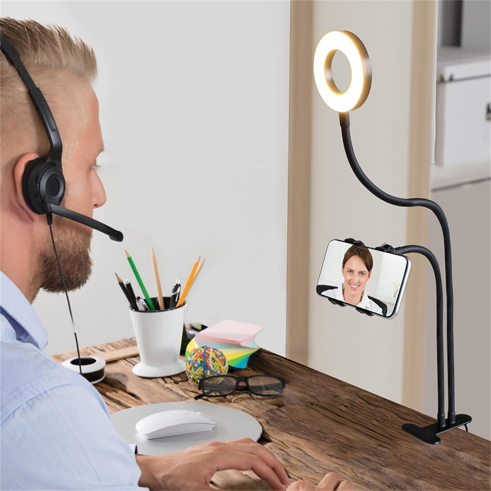 自撮りリングライト付きユニバーサルフレキシブル携帯電話ホルダ - Desk Setup Modern のレビューと価格
