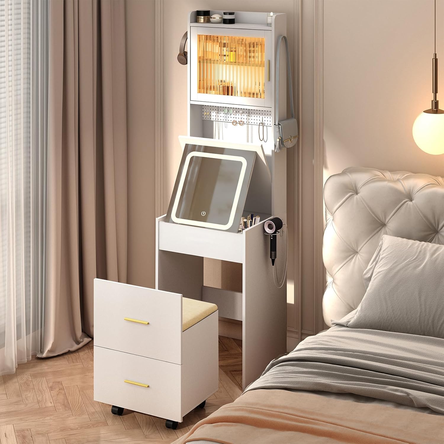 折りたたみ式パネル付き照明ミラー、隠し収納スツール充電ステー - Desk Setup Small のレビューと価格