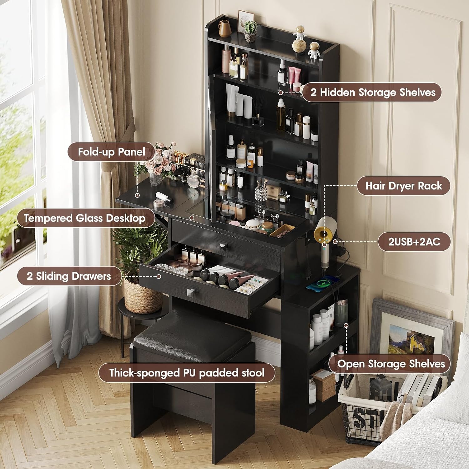 折りたたみパネル付き小型化粧台、黒の化粧台セット |   ガ - Desk Setup Small のレビューと価格