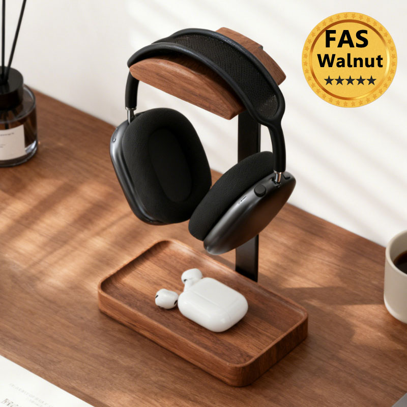 無垢材ヘッドフォンスタンド ブラックウォールナット+アルミニ - Desk Setup Wood のレビューと価格