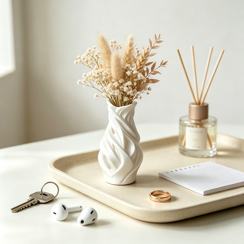 3Dプリント製ツイストウェーブ花瓶飾り ホワイトスワール ド - Desk Setup Minimalist のレビューと価格