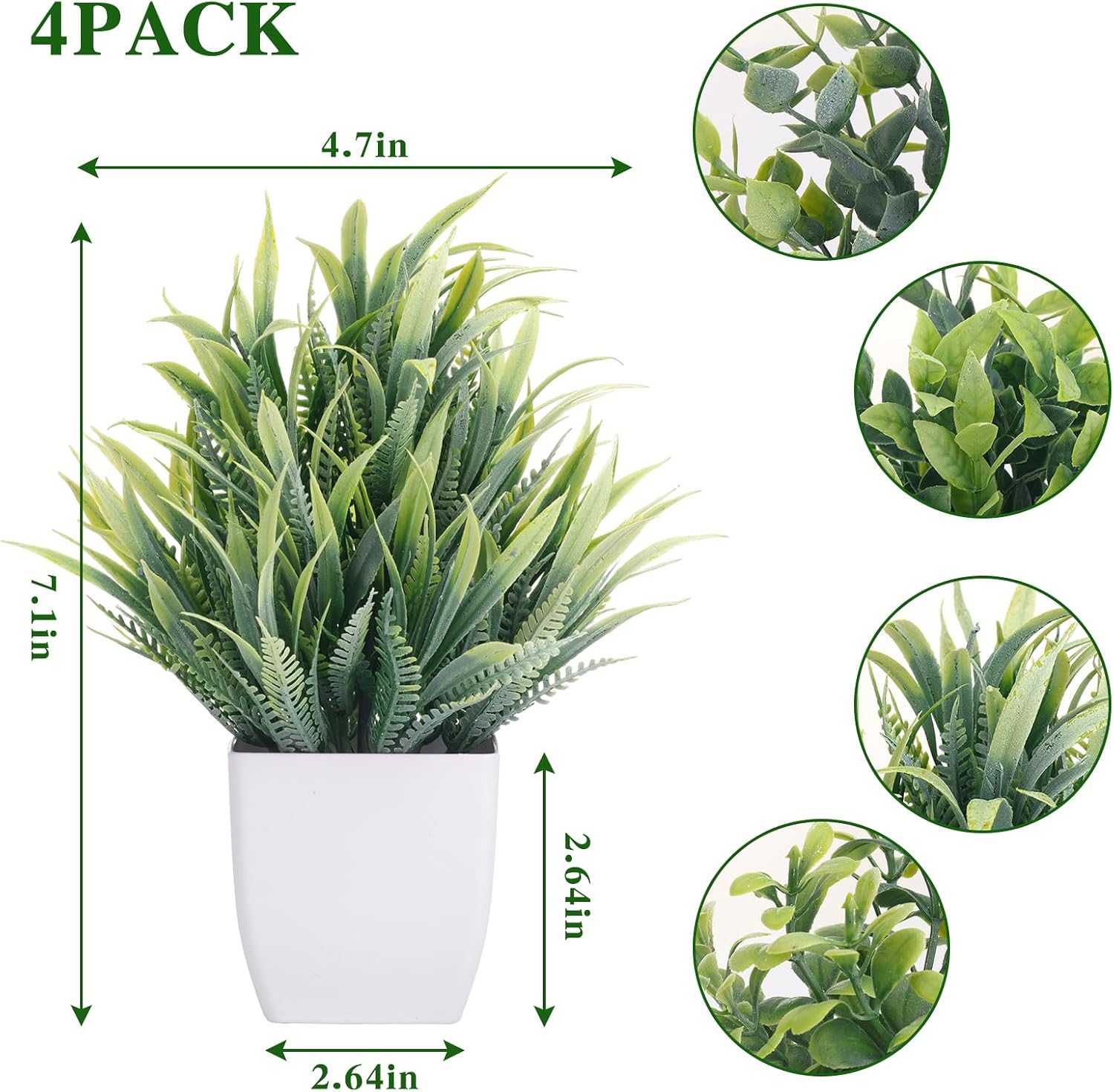 フェイクプラント4個セット 小型人工観葉植物 ミニホワイト鉢 - Plant Pot Small Desk のレビューと価格