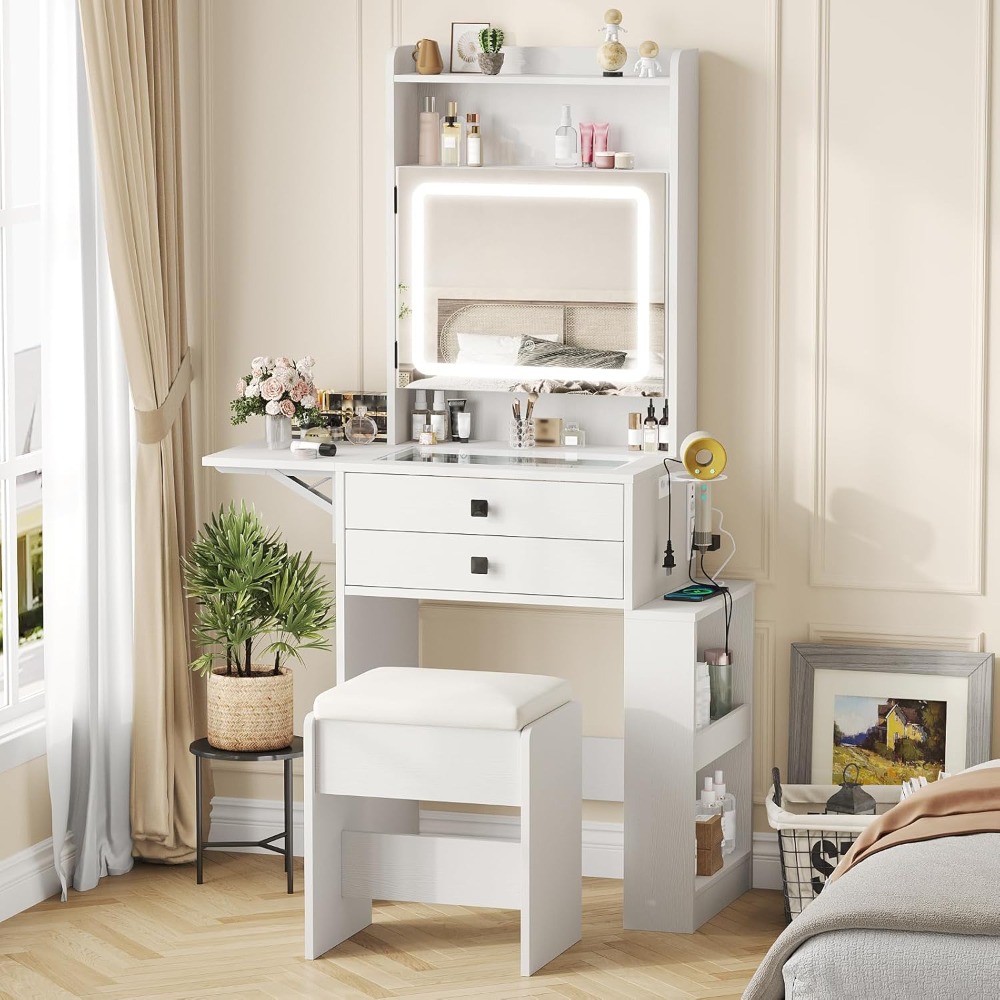 小型化粧台デスク、3つの調節可能な照明付きミラー、折りたたみ - Desk Setup Small のレビューと価格