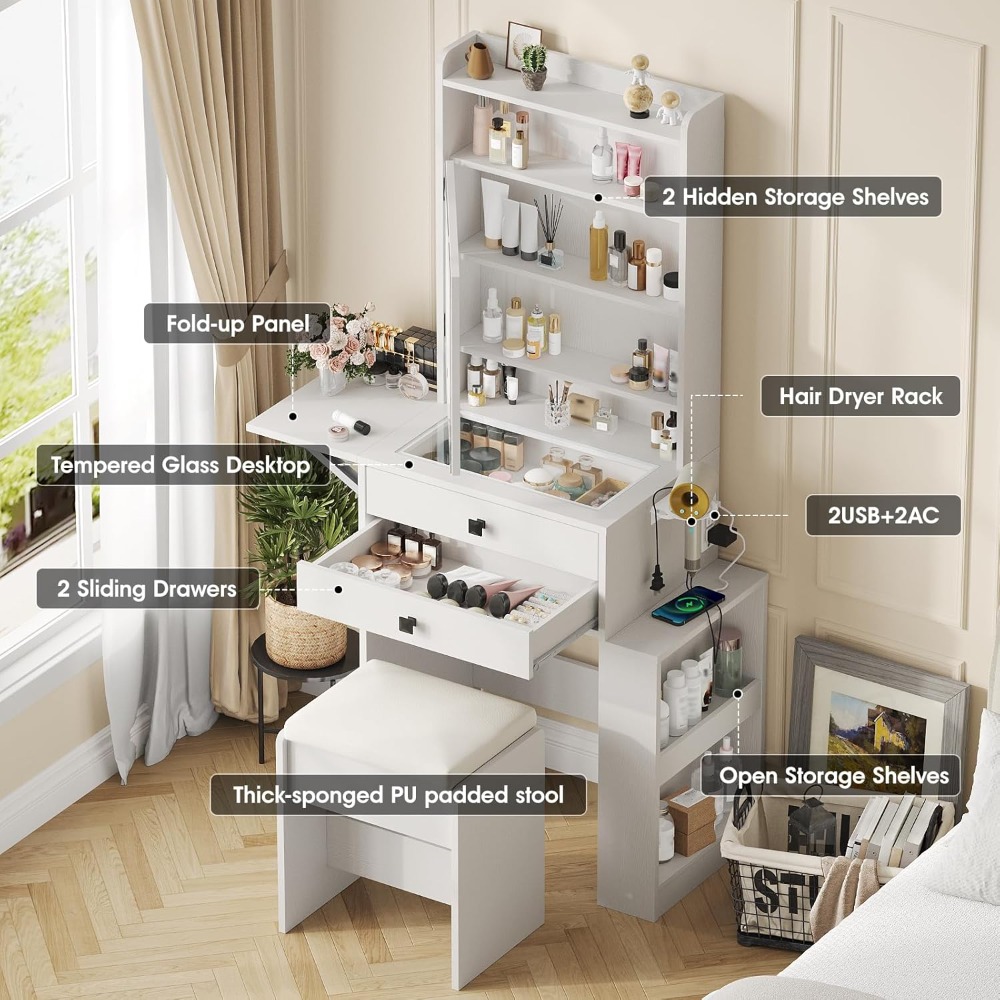 小型化粧台デスク、3つの調節可能な照明付きミラー、折りたたみ - Desk Setup Small のレビューと価格