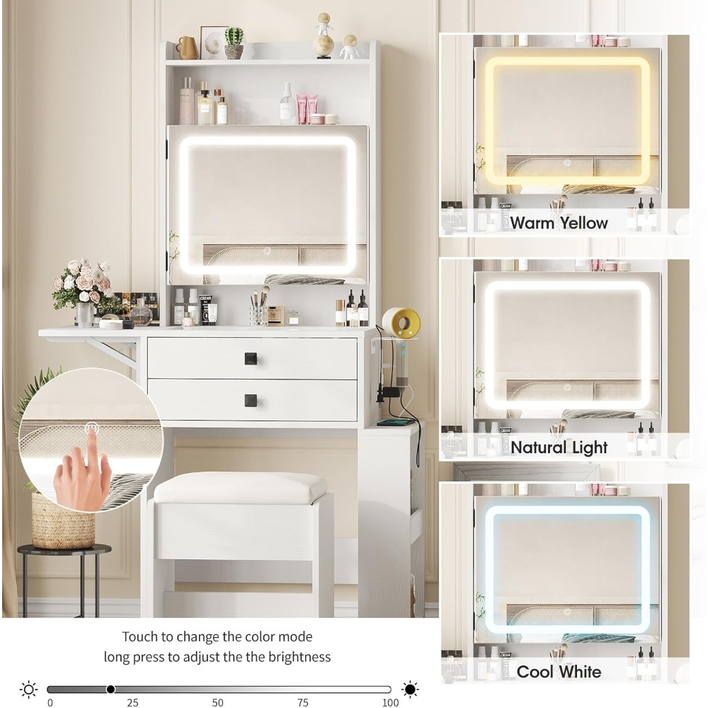 小型化粧台デスク、3つの調節可能な照明付きミラー、折りたたみ - Desk Setup Small のレビューと価格