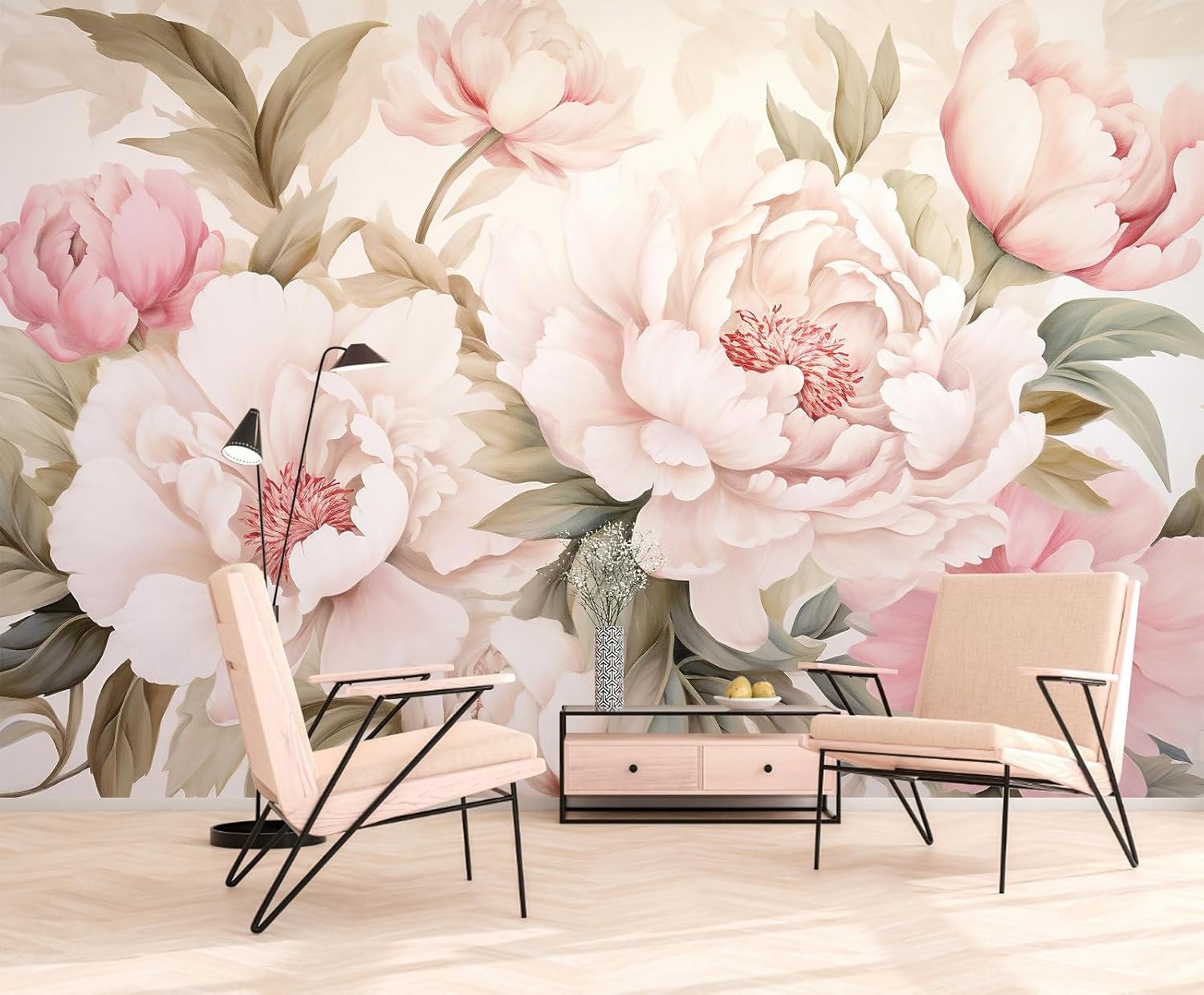 エレガントな牡丹の花柄壁画壁紙化粧台デスクメイクアップテーブ - Desk Setup Modern のレビューと価格