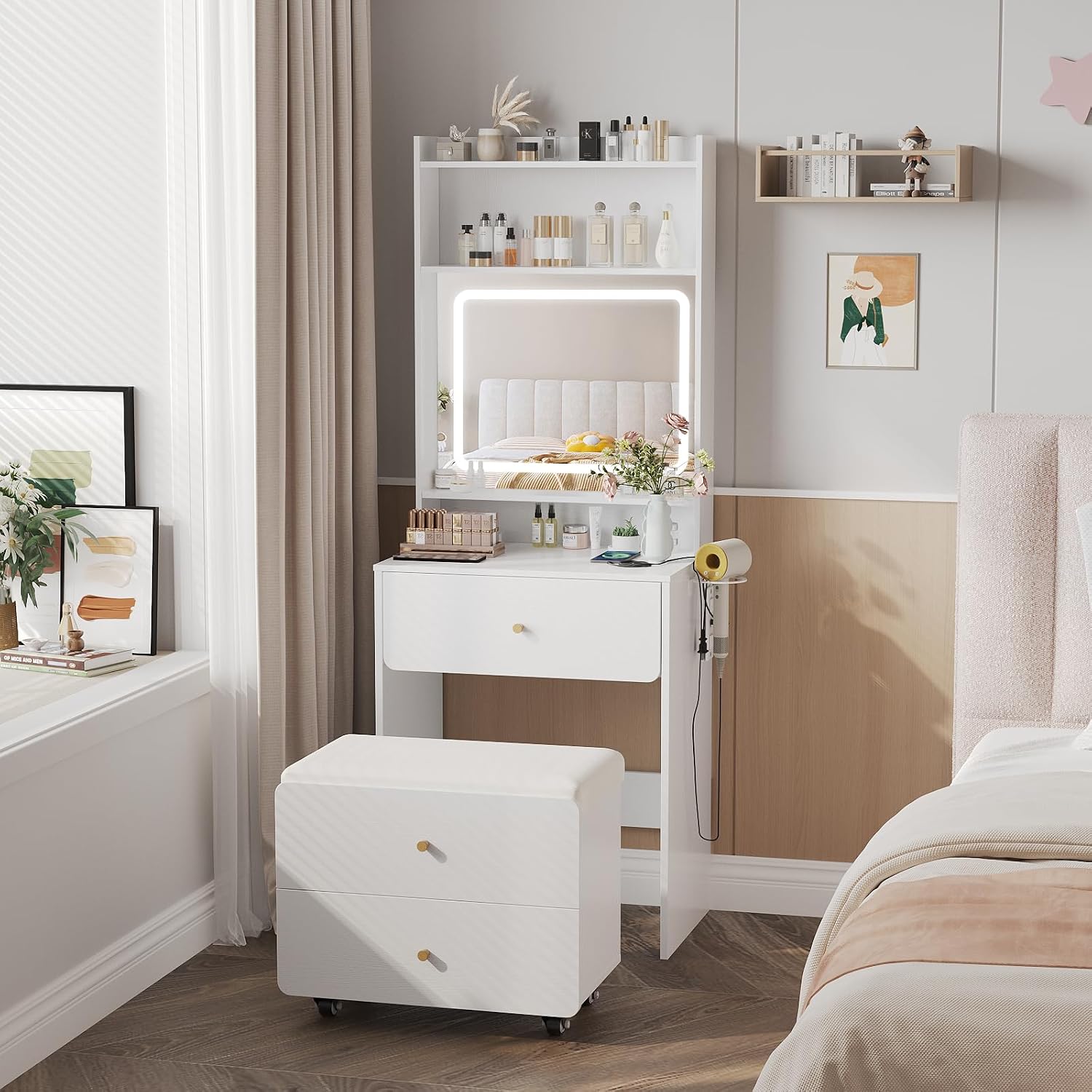 鏡とライト付きメイクアップ化粧台、収納付き小型化粧台、充電ス - Desk Setup Small のレビューと価格