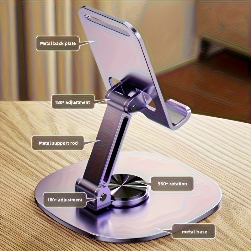 頑丈な金属製折りたたみ式スマホスタンド、360度回転 °   - Desk Setup Gear のレビューと価格