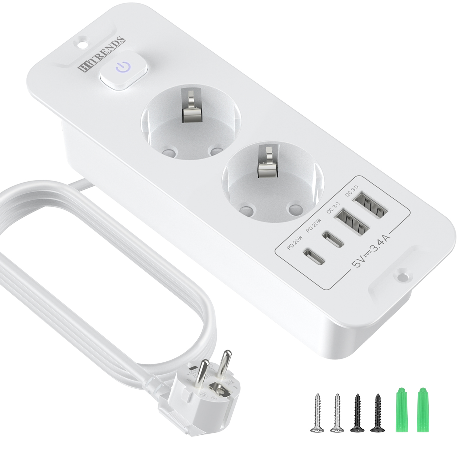 デスクトップ内蔵ソケット 2 USB A および 2 Typ - Power Strip Flat のレビューと価格
